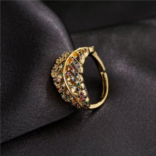 2021 New Fashion Gold/Silver Color Open Ring Colourful CZ Pave Setting Leaf shape Ring For Women Girl Wedding Jewelry Gift
