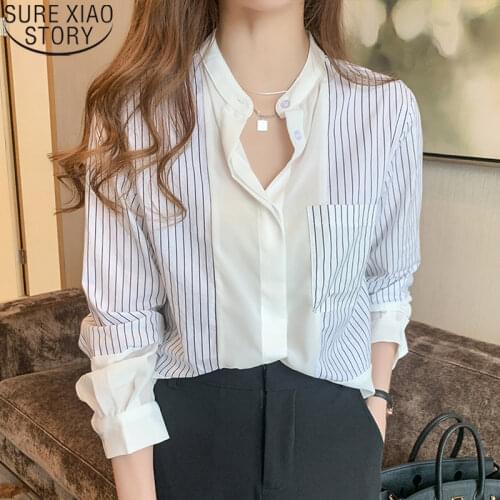 Office Lady Striped Shirts Women OL Style 2021 Autumn Loose Chiffon Blouses Long Sleeve Shirt Fashion Pocket Ladies Tops 10682