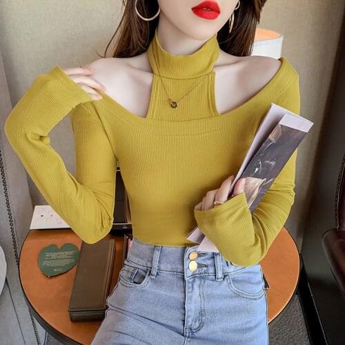 Slash Neck T Shirt Women Cotton Elastic Basic T-shirts Female Sexy Tops Long Sleeve Halter T-shirt Women Black Yellow 2012