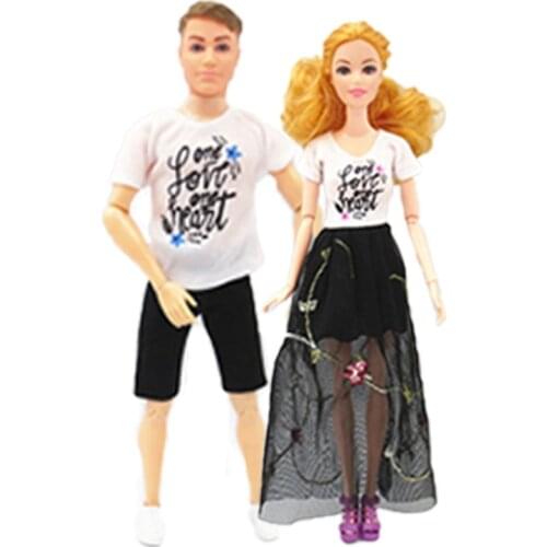 2sets/lot Couple Lover Casual Wear for Barbie Doll Outfits White Shirts Black Skirt Shorts Clothes for Ken Boy Male Doll