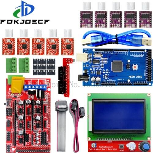 Mega 2560 R3 CH340+1pcs RAMPS 1.4 Controller+5pcs A4988/DRV8825 Stepper Driver Module+1pcs 12864 controller for 3D Printer kit