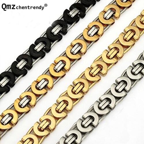 Hip Hop Mens Titanium Stainless Steel Flat Byzantine Link Chain Gold Necklace Rapper Chunky Top quality Fashion Boys Jewelry