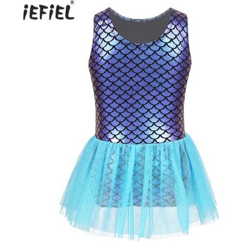 Adorable Toddlers Baby Girls Sleeveless Mermaid Dress Party Dancewear Mermaid Fish Scales Printed Glitters Leotard Tulle Dress