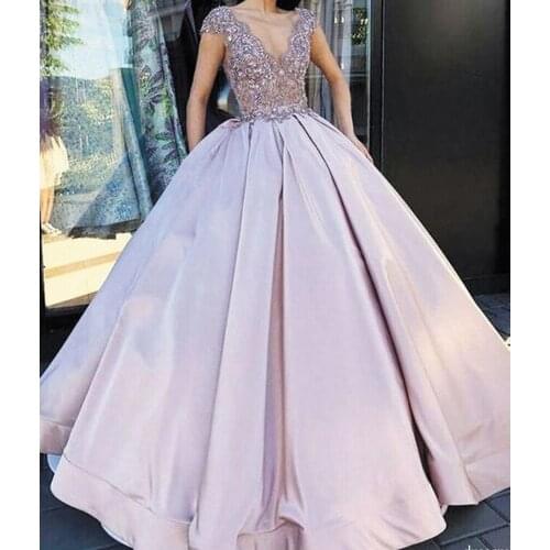 SuperKimJo Robes De Bal Lace Applique Beaded Prom Dresses Ball Gown Smoky Purple V Neck Satin Luxury Prom Gown