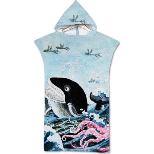 Sea World Printed Microfiber Beach Towel With Hooded Change Robe Poncho For Swimming Beach Surf Windproof Quick Dry Bathrobe