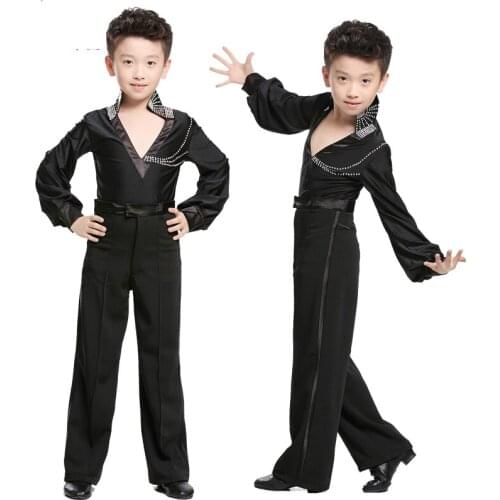 1 piece boys Latin Dance shirt Ballroom Dance performance shirt Sequins Spandex Boys long sleeve latin top