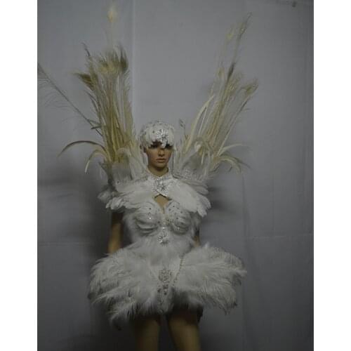 Sexy gogo performance costumes New White feather costume personality nightclub bar party girl singer clothes