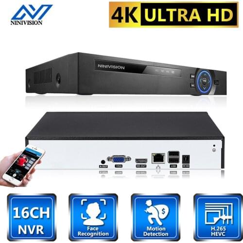 NINIVISION 4K NVR H.265 HEVC 16CH NVR for 8MP/5MP/4MP/3MP/2MP ONVIF IP Camera Metal Network Video Recorder P2P for CCTV System