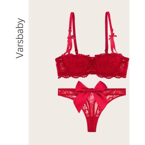 Sexy shell half cup underwire gather bra ladies embroidered big bow erotic lace thong black red 2pieces/set