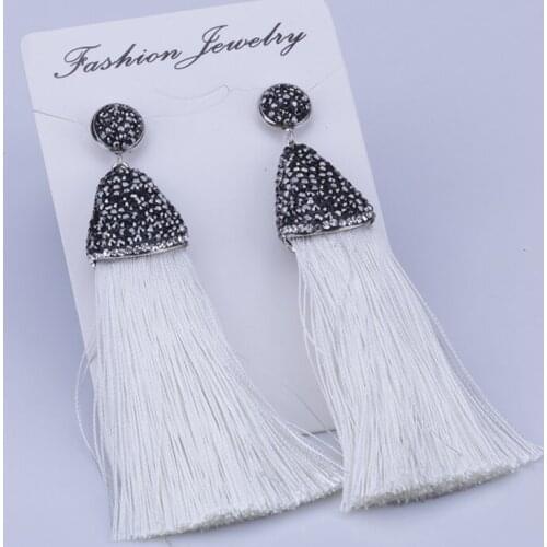 Boho Pure White Chunky Silk Thick Tassel with Blak Rhinestone Cap Charm Studs Top Long Dangle Tassel Earrings For Women