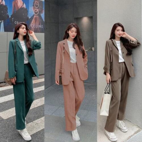 Spring Autumn Womens Office Suit Two-Piece Pantsuit Elegant Blazer Girly Female Set Casual Loose Pants Jacket Work Clothes