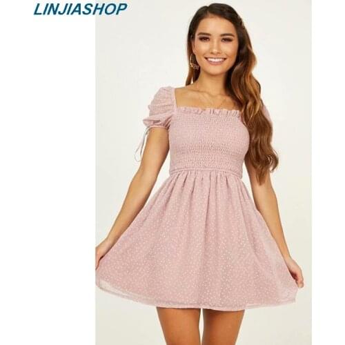 Vintage womens mini dress square neck short puff sleeve high waist elastic soft elegant holiday summer women party dress