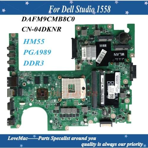 High quality DAFM9CMB8C0 FOR Dell Studio 1558 Laptop Motherboard CN-04DKNR HM55 PGA989 DDR3 HD5470 1GB I7 CPU 100% Tested