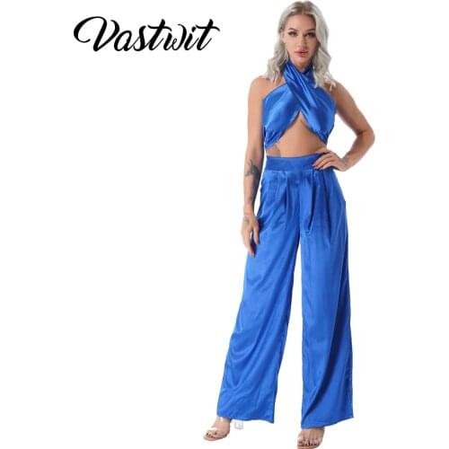 Womens Summer Satin 2 Piece Set Wide Leg Pants and Crop Top Sexy Bandage Style Cocktail Outfits Crop Top Chic Jumpsuit Wedding