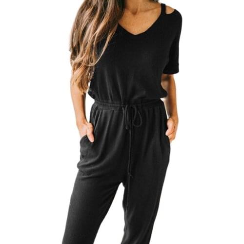 2XL Large Size Women Black Casual Jumpsuits Short Sleeve V-Neck Summer Lace Up Pockets Casual Jumpsuit Long Pants Lady Overalls