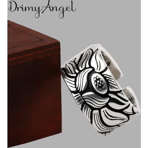 Wholesale Punk Vintage Silver Color Lotus Flower Rings For Girls Female Gothic Fashion Women Jewelry