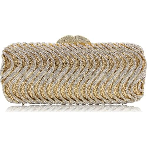 100% Handmade Gold Metal Clutch White Crystal Party Purse Evening Bags Clutches Women Diamond Banquet Handbags Chain Ladies Bag