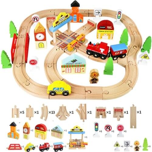 44PCS Wooden Railway Track Toys Racing Trains Tracks Wood Bridge Station Magnetic Cars Toys for Children Gift