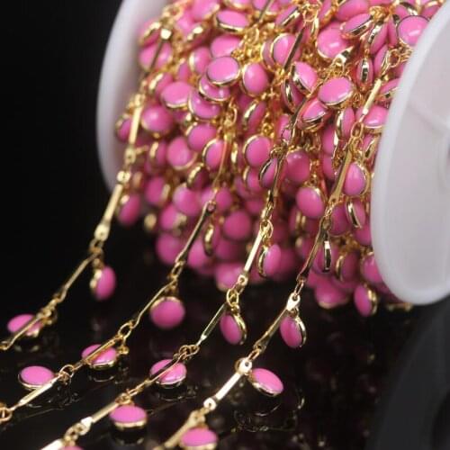 5Meter/Lot Pink Lampwork Beaded Gold Plated Healing Necklace Rosary Chains,Enamel Glass Coin Bead Chain Chokers Crafts Jewelry