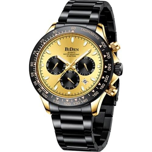 BIDEN Men Quartz Wristwatches 3 Dial Black Golden Luminous Watches Chronograph Stainless Steel Clock Male Waterproof Date Watch