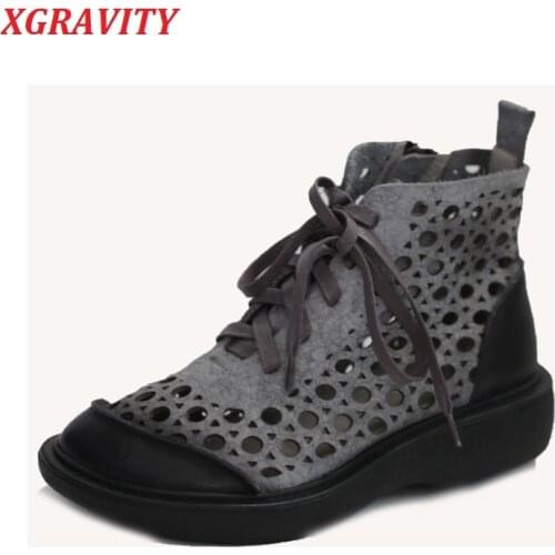 XGRAVITY New Summer Shoes Hollow Cut Out Ankle Boots Summer Sandals Elegant Cow Genuine Leather Ladies Sandals Vintage Shoes Hot