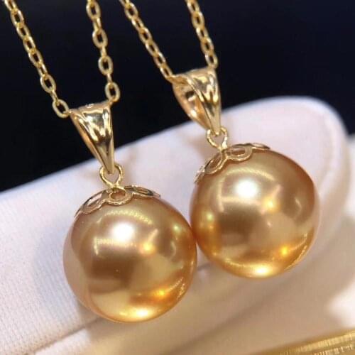 D917 Pearl Pendant Fine Jewelry Solid 18K Gold Round 10-11mm Nature Sea Water Golden Pearls Pendants Necklaces for Women Gifts