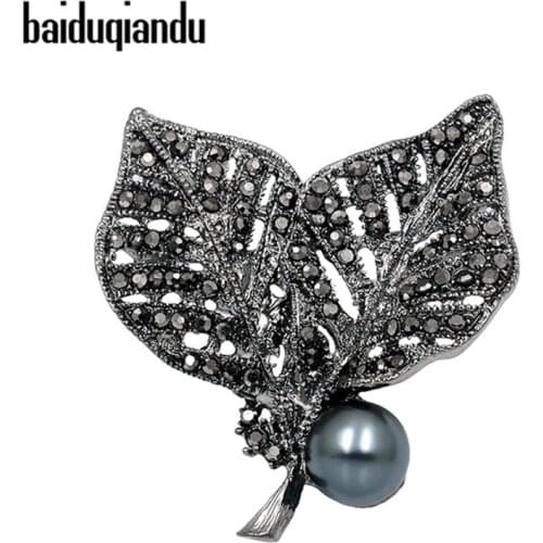 Baiduqiandu Factory Direct Sale Black Crystal Rhinestones Double Large Leaf Brooches with Simulated Pearl Women Best Gift