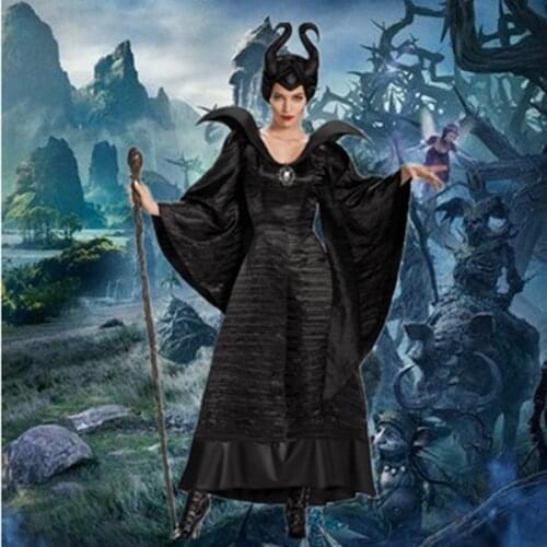 Hot New Movie Maleficent Women Halloween Cosplay Costumes Black Queen Evil Witch Sorceress Darkness Horns Clothing Cloak