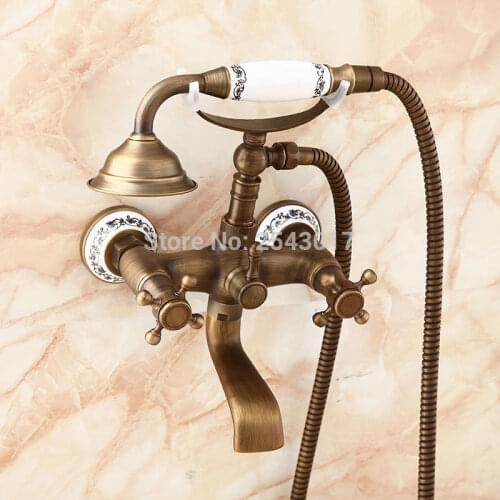 Classic Shower Faucet Antique Brass Double Handle Bathtub Shower Set 180 Swivel Spout Telephone Style Ceramic Hand Shower ZR015