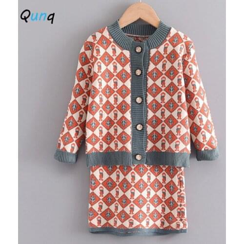 Qunq Fall Winter Girl Clothing Set Knitted Coat Suspender Skirt 2pcs Matching Suits New Baby Toddler Children Princess Outfits