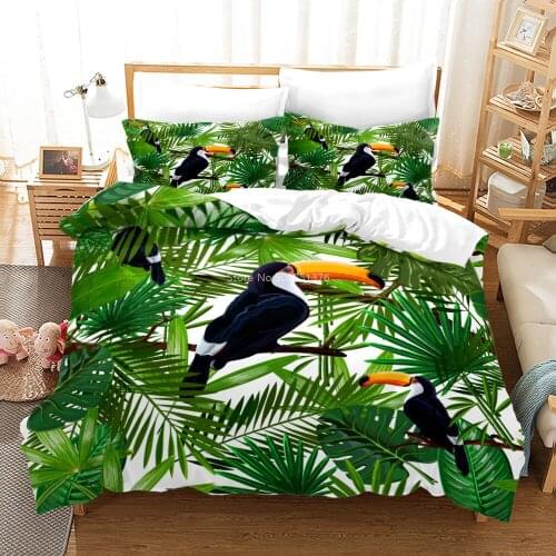 2/3pcs Toucan Wild Bird Parrot Tropical Plants Bedding Set Queen King Soft Duvet Cover Set Bed Linens Bedclothes for Kids Adults