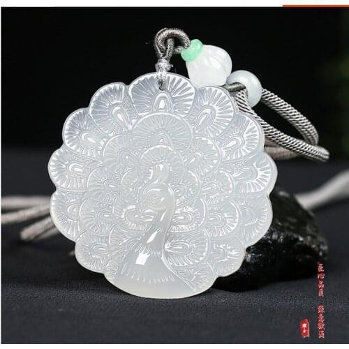 Beautiful White agate Lucky Pendant hanging drop carnelian Carven peafowl Amulet Hanging