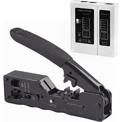 CAT5 CAT6A CAT7 Modular Crimper (Black) with RJ45 RJ12 RJ11 Network Cable Tester Tool Kit
