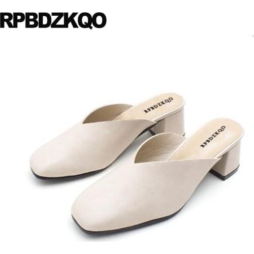 Pumps Women Shoes 2018 Spring Sandals Slides Slip On Thick Mules Beige Comfortable Closed Toe Chunky High Heels Ladies Square