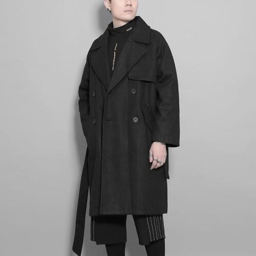 New Style winter fashion mens cloaks and robes individuality belt black wool coat mens coat medium-length