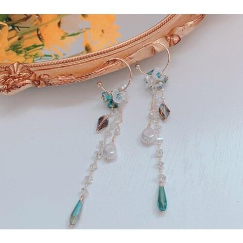 New Korean Holiday Crystal Earrings Super Fairy Baroque Shell Pearl Flower Drop Earrings Long Tassel Women Party Jewelry