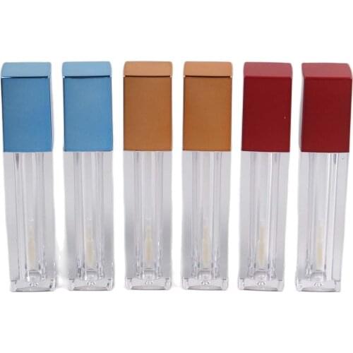 6ml Transparent Square Lip Gloss Tube Cosmetic Lipgloss Packaging Container with Golden Red Electroplating Lip Brush Wand