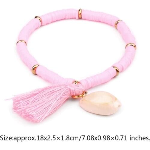 Q39C Heishi Surfer Bracelet Rainbow Tone Bracelets with Tassel Vinyl Disc Beads Polymer Friendship Summer Beach Bracelet