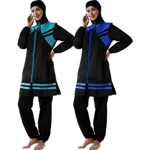 Blue Women Plus Size Thin Zipper Muslim Swimwear Hijab Muslimah Islamic Swimsuit Swim Surf Wear Sport Burkinis Wholesale