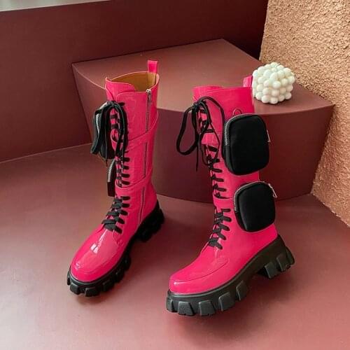 US4-11 Womens Round Toe Mid Calf Boots Belt Purse Pocket Lace Up Shoes Platform Chunky Heel Punk Motorcycle 5Colors Plus Size