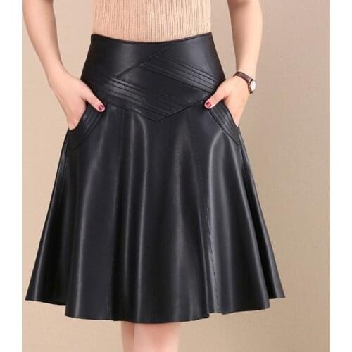 Vintage Genuine Leather Skirts Women High Waist Black Natural Real Sheepskin A Line Office Ladies Midi Skirts Female Plus Size