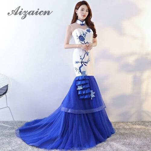 Blue And White Porcelain Chinese Evening Dress Fashion Shows Women Cheongsam Graduation Prom Gowns High Neck Formal Dresses