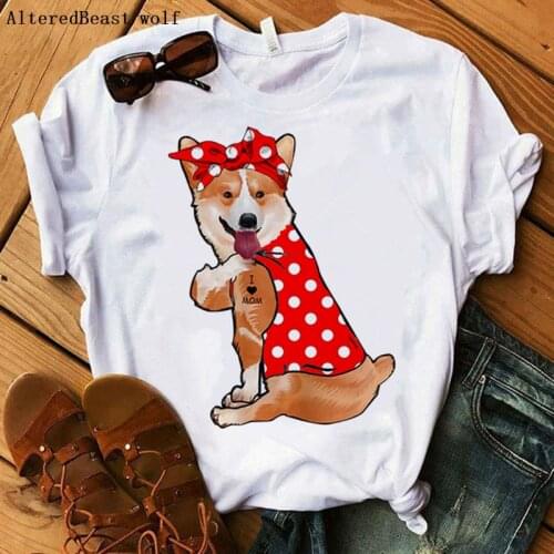 Corgis Dog I Love Mom T-shirt Women Summer Dog Bandana Mama White T Shirt Harajuku 2021 short sleeve Tshirt Clothes