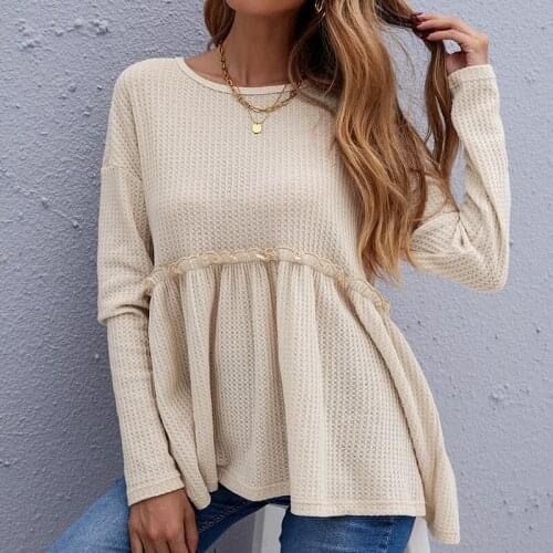 Women O Neck Long Sleeve Knit Shirt Top 2021 Spring Autumn Casual Slim Ruffle Pleated Pullover Knitted Sweater Streetwear Clothe