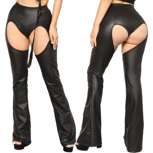 Lady sexy punk rock club night bar leggings hallow out hole PP imitation leather pants disco party ripped pant