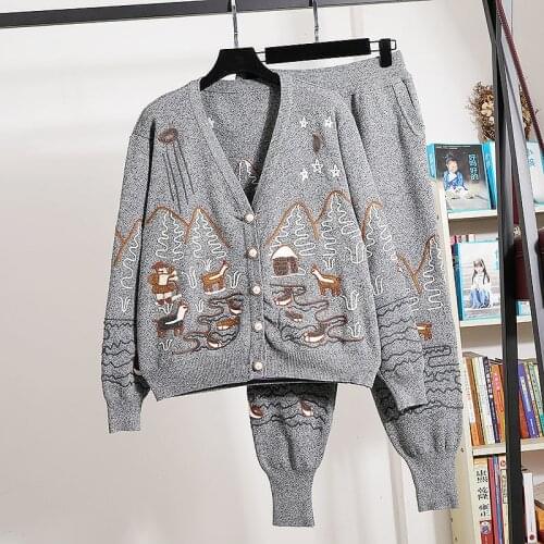 Black White Gray Knit Outfits Female Embroidery Cardigan Sweater Pencil Pants Tracksuits Female Loose Casual Knitted 2 Piece Set