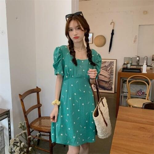 Temperament Square Neck Floral Short-sleeved Dress Female Summer New Style Korean Version of The High-waisted Thin A-line Skirt