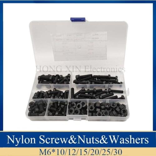 180Pcs M6 Stand-off Nylon Screws Bolt Nuts Assortment Kit Fastener Black Nylon Screw Nut Set 6 Sizes
