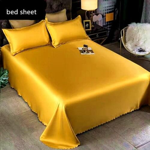 2021 Summer Bedsheet Solid Color Queen King Size with Pillow Covers Ice Silk Double Bed Cover Lace Soft