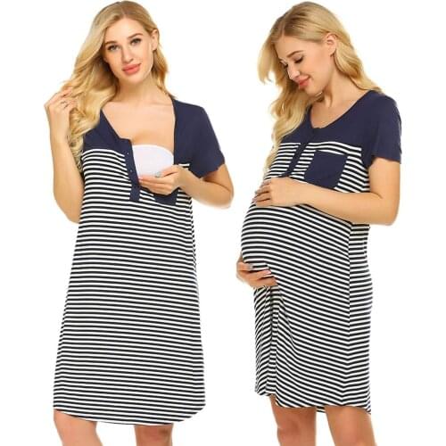 2021 Women Maternity Dresses Short Sleeve Pocket Striped Nursing Dress For Breastfeeding Pregnancy Maternity Breastfeeding Dress